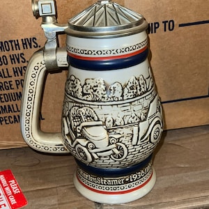Vintage 1979 Beer Stein w Lid Featuring Antique Cars 1910 Stanley Steamer, 1911 Ford Model T, 1927 Bugatti, 1936 MG. Handcrafted in Brazil.