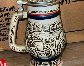 Vintage 1979 Beer Stein w Lid Featuring Antique Cars 1910 Stanley Steamer, 1911 Ford Model T, 1927 Bugatti, 1936 MG. Handcrafted in Brazil.