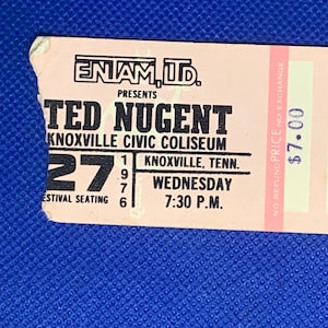 Ted Nugent 1976 Konzertkarte Stub. Vintage Ticket Stub von der Civic Coliseum Show 27.Oktober 1976 Knoxville, Tennessee