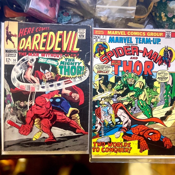 Daredevil #30, Marvel Team-Up #7 Thor Shares Cover, Story w Daredevil Jul 1967, Stan Lee, Colan/ w Spider-Man Mar 1973 1st Kryllk the Cruel