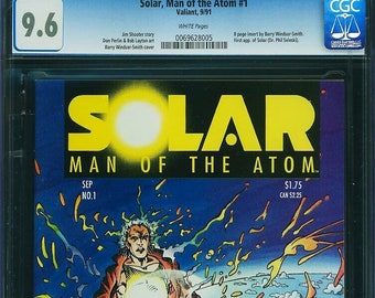 Solar, Man of the Atom #1 Valiant 1991.  "Alpha and Omega, 1st Appearance of Solar  GC 9.6 NM+. Census Rank: 2nd Highest Graded. White Pages
