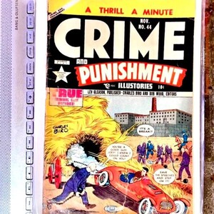 May include: Vintage comic book cover for "Crime and Punishment" No. 44, featuring a colorful illustration of a car chase and prison break scene. The cover includes text such as "A Thrill a Minute" and "True Criminal Case Histories!"