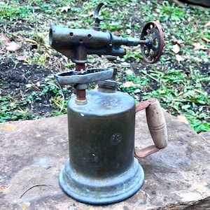 Vintage Blow Torch Brass Handheld Wood Handled blow torch for display, decoration, décor, as a prop on a table top or more!