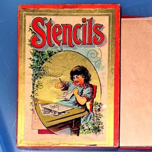 Antique Tracing Stencils 1920's-1930's Stenciled Drawing Set for Children with Animals, Plants, People, Circus, Ship etc. in Nice Litho Box