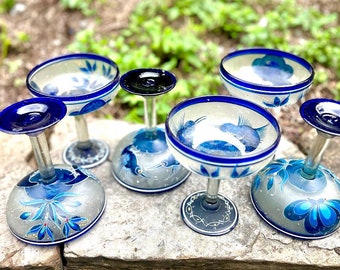 Margarita Glasses Exquisite Handpainted Handblown Ultra Classic Barware Adding Visual Art to Propper Pesentation of a Premium Cocktails mix.