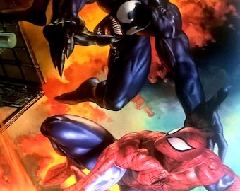 May include: A vibrant comic book illustration featuring the red and blue costumed Spider-Man crouching in the foreground while the black-suited Venom looms above him. The background is filled with intense orange and yellow fiery clouds.
