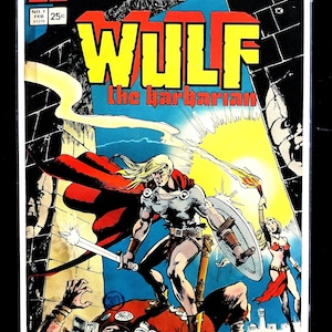 May include: A vintage Atlas Comics Wulf the Barbarian number 1 comic book cover featuring a blonde warrior in a red cape standing over a fallen opponent with a sword and shield, while a companion holds a torch in a stone corridor setting.