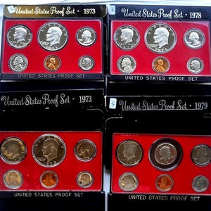 US Coins Proof Sets 1973, 1978, 1979, 1980, 1982 Shiney Uncirculated All SF Mint Regular + 79 SBA Dollar, Half, Quarter, Dime, Nickel, Penny