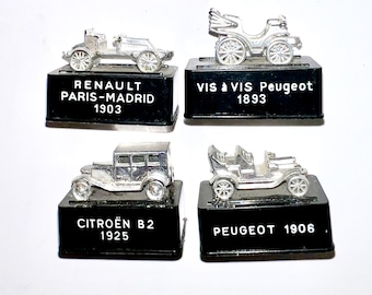 Classic Cars Vintage Pencil Sharpener Collection European Autos Vis Vos Peugeot 1893, Renault Paris-Madrid 1903, Peugeot 1906 CitroenB2 1925