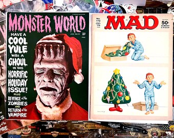 Frankenstein in Santa Hat on the 1966 Monster World #6 0.35 cent cover! AND Mad Magazine #172 Jan 1975 1st .50 cent issue 2 CHRISTMAS Covers