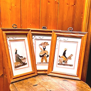 Vintage Maquetry Wood Inlay Wall Art with Multiple Species of Wood in 3 Complementing Wooden Frames. Each one 8.5” x 6.5” Ready for Hanging.