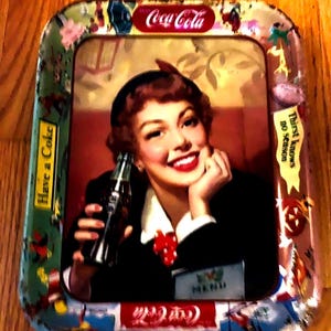 1950 Vintage Coca Cola Antique Serving Tray - Thirst Knows No Season&quot; Menu Girl.