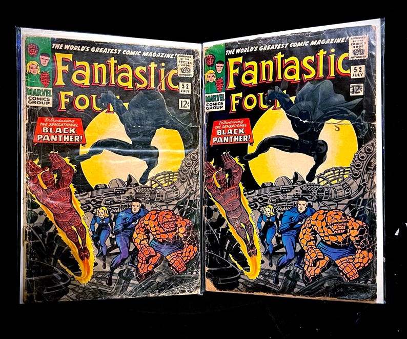 May include: Two vintage comic books, "Fantastic Four" #52, featuring Black Panther. The covers display vibrant illustrations of superheroes against a yellow backdrop. The text reads "The World's Greatest Comic Magazine!" and "Introducing The Sensational Black Panther!"