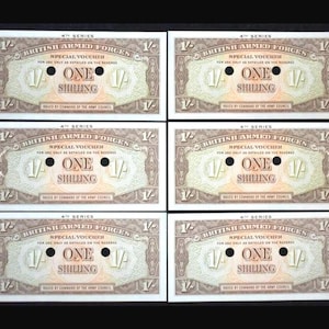 Great Britain Military Currency Six (6) Uncirculated 1 Shilling Vouchers Issued for British Armed Forces by the Ministry of Defense 1962