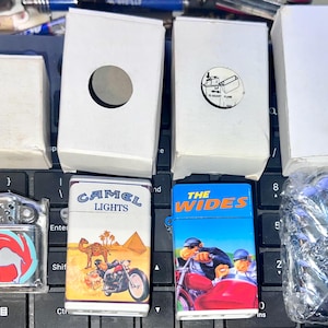 Camel Cigarettes Lighters Vintage NM/MINT 1990s Camel Large Chrome Style, Mini, Motorcycle Joe and Wide flip up Hard Pack Box Lighters