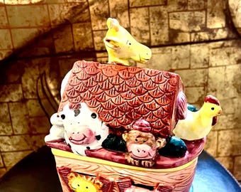 Noah's Ark Ceramic Cookie Jar Featuring a Variety of Adorable Animals All Aboard the "SS Ark"  Small Adorable Cookie Jar.