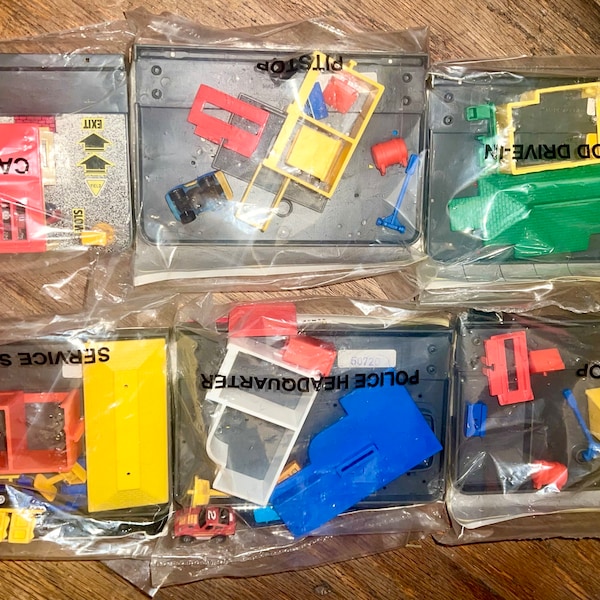 Micro Matchbox 1995 Set all 5 +1 Snap Together Playsets: Police Headquarters, Fast Food DriveIn, Service Station, Car Wash, and 2 Pit Stops
