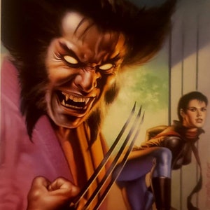 May include: A close-up of a comic book illustration featuring a man with sharp claws and a menacing expression. He is wearing a purple and gold jacket. A woman with dark hair is standing behind him, looking over her shoulder.