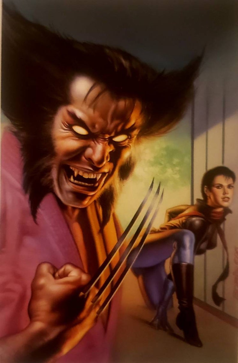May include: A close-up of a comic book illustration featuring a man with sharp claws and a menacing expression. He is wearing a purple and gold jacket. A woman with dark hair is standing behind him, looking over her shoulder.
