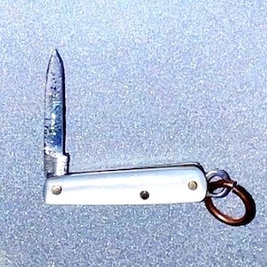 May include: A small white handled pocket knife with a silver blade and a copper ring attached to the handle.