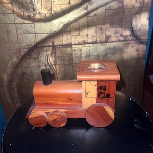 Vintage Train Locomotive Bank and Working Toy Made of Cedar, a Souvenir from 90 year old amusement Park Clarks Trading Post in White Mts NH