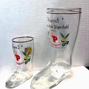 Vintage German Gold Rim Hand Painted Glass Beer Boots "Bierstiefel" XXL & L German Glass Boot Beer Mugs Collectable  Das Boot Drinking Games