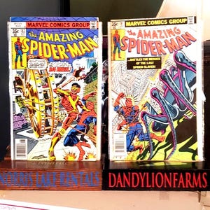 Puede incluir: Dos cómics vintage de "The Amazing Spider-Man" se exhiben en un soporte de madera. Las portadas presentan ilustraciones coloridas de Spider-Man en acción. Los cómics son de Marvel Comics Group.