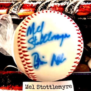 Mel Stottlemyre HOF signed 2 times  +1 more signature. The  Late Hall of Famer double signed baseball + another signature in clear display