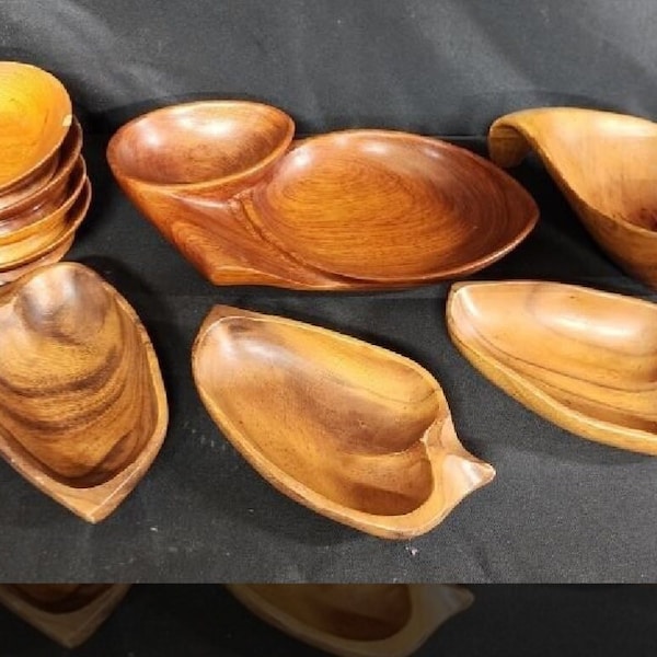 Genuine Monkey Pod & Philippine Craft 9 Piece Wooden Bowl Collection  and Serving Tray w/ Side Bowl Soup Salad Serving Set for 4 Vtg. 1970s