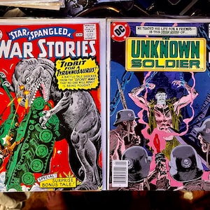 Star Spangled War Stories #125 / Unknown Soldier #231 Vintage DC War Comics 1966 Silver Age 0.12 cent Dinosaur Cover & 0.40 cent 1977 Bronze