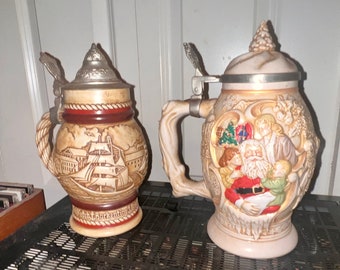 Vintage Beer Stines 1977 and 1994 Father Christmas & Sailing Ships   Handcrafted Beer Steins w Peweter Lids  Handmade in Brazil by Ceramarte