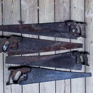 Könnte beinhalten: Vier antike Handsägen mit Holzgriffen und Metallklingen, angeordnet auf einer verwitterten Holzoberfläche. Die Sägen weisen Rost- und Abnutzungserscheinungen auf, die auf Alter und Gebrauch hindeuten. Die Klingen sind dunkel, die Griffe braun und grau.
