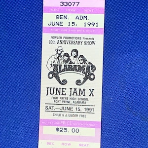 Alabama Konzertkarte Stummel von 1991 Juni Jam X! Vintage June Jam 10 Erinnerungsstücke aus der Fort Payne High School Show Fort Payne Alabama