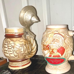 Sailing Ships 1977 and Father Christmas 1994 Vintage Handcrafted Beer Steins w Pewter Lids Handmade in Brazil by Ceramarte
