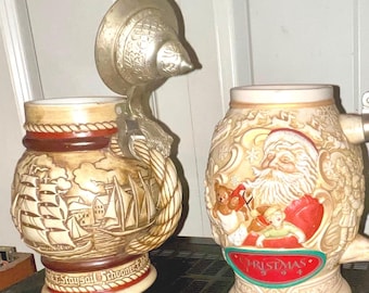 Sailing Ships 1977 and Father Christmas 1994 Vintage Handcrafted Beer Steins w Pewter Lids Handmade in Brazil by Ceramarte
