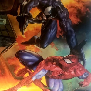 May include: A black and blue superhero with a white symbol on his chest is fighting a red and blue superhero with a spider symbol on his chest. The background is a fiery orange and yellow.
