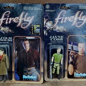 Fire Fly Funko Reaction Action Figures. Malcom Reynolds’s in Brown Coat SDCC Exclusive x 2, Jayne Cobb, Zoe Washburn. 3.75" fully posable. image 5