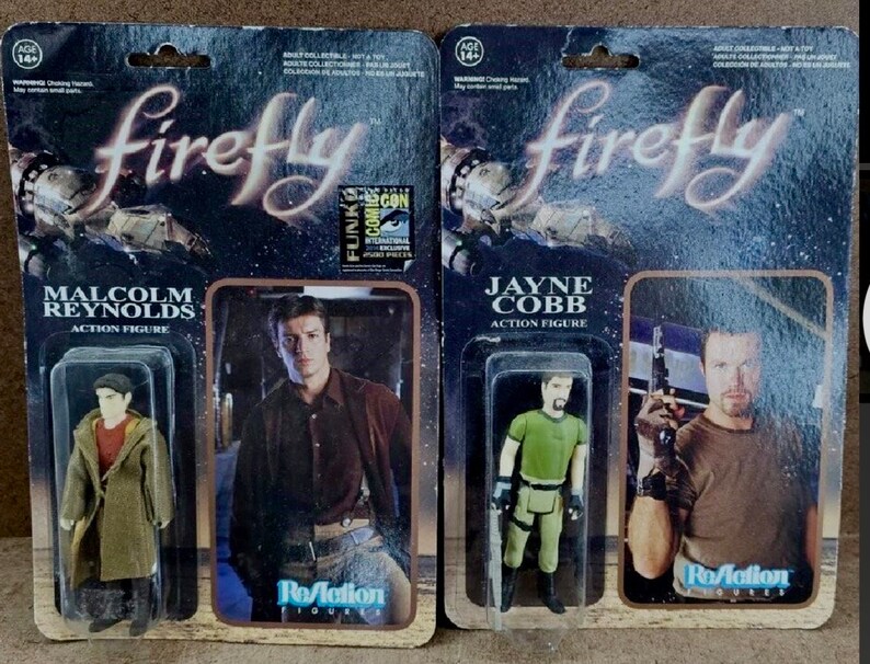 Fire Fly Funko Reaction Action Figures. Malcom Reynolds’s in Brown Coat SDCC Exclusive x 2, Jayne Cobb, Zoe Washburn. 3.75" fully posable. image 5