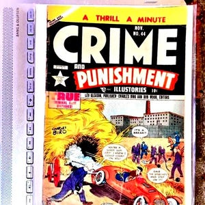 May include: A vintage Crime and Punishment comic book, issue number 44 from November, featuring a yellow cover with bold black and red text. The illustration depicts a red race car, a large haystack, and figures in a prison yard setting.