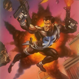 May include: A comic book illustration of a superhero in a black and blue costume, holding two guns, with a fiery explosion behind him. The superhero is flying through the air in front of a cityscape.