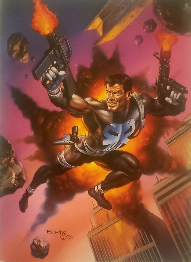 May include: A comic book illustration of a superhero in a black and blue costume, holding two guns, with a fiery explosion behind him. The superhero is flying through the air in front of a cityscape.