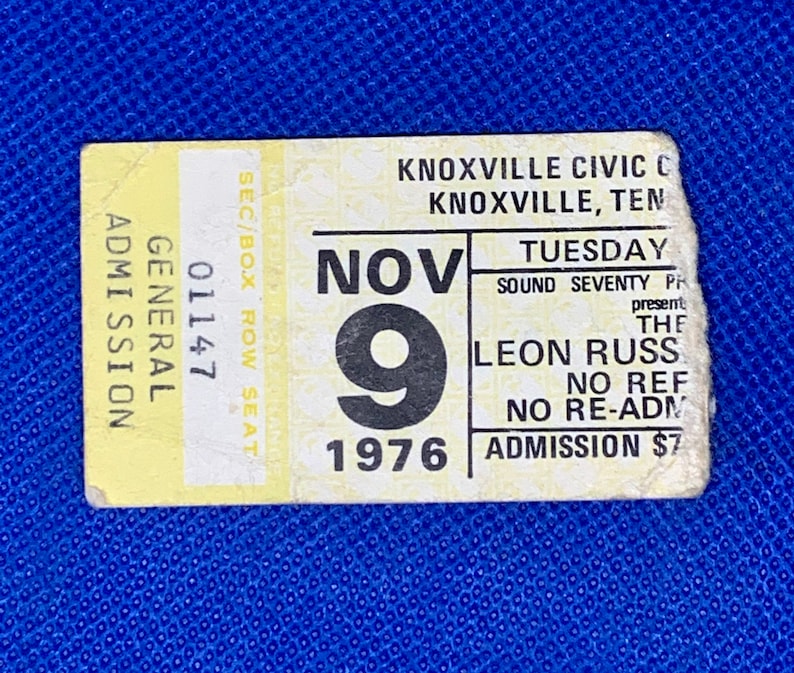 Leon Russell 1976 Concert Ticket Stub 9 Tennessee 1976 in Knoxville Vintage Ticket Stub from The Civic Coliseum Show Nov