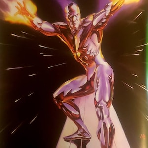 May include: A silver-colored superhero with a glowing orange aura, standing on a platform with a purple and green background.