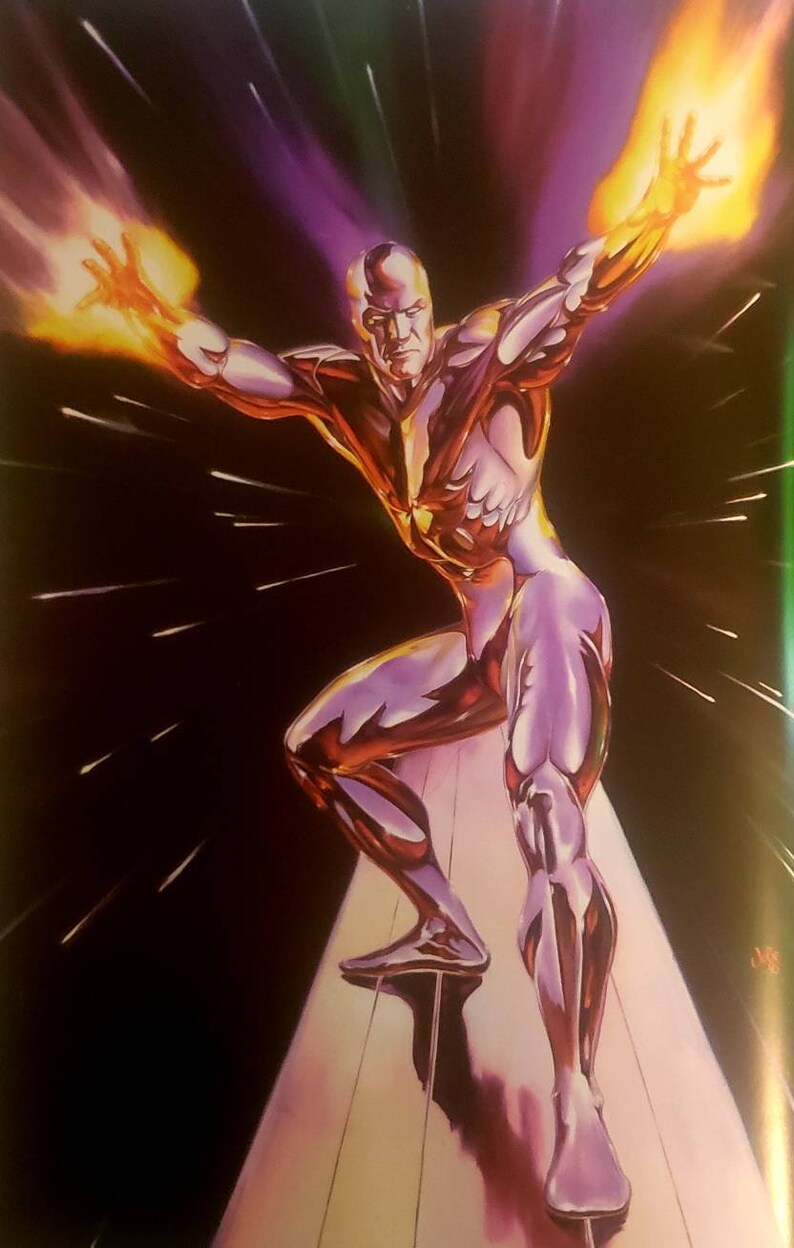 May include: A silver-colored superhero with a glowing orange aura, standing on a platform with a purple and green background.