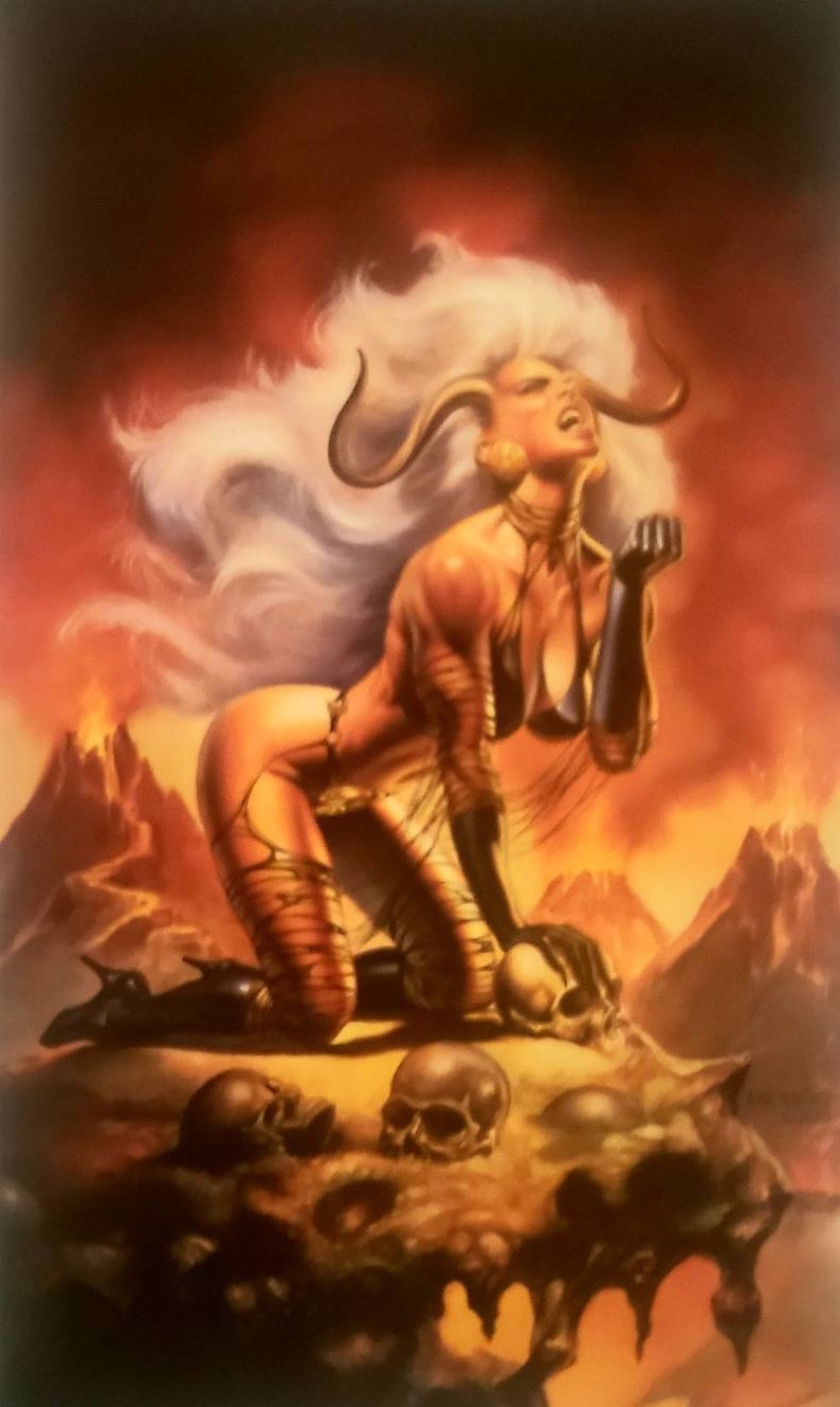 May include: A woman with long white hair and horns sits on a rocky outcropping. She is wearing a leather outfit and has a skull in her hand. The background is a fiery orange and red.