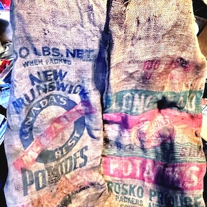 Vintage Burlap Sacks Farmhouse Decor Large 100 lb Potato Sacks. Long Island Roscoe Produce AND New Brunswick  McCain&#39;s Canada Best Potato