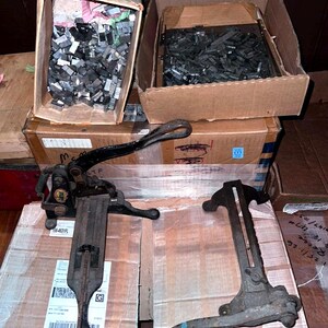 Antique Printing  Letter Press Print Blocks with 2  Slug Cutters. Utility ATF Co and HB Rouse & Co  Chicago Letterpress Slug Cutters