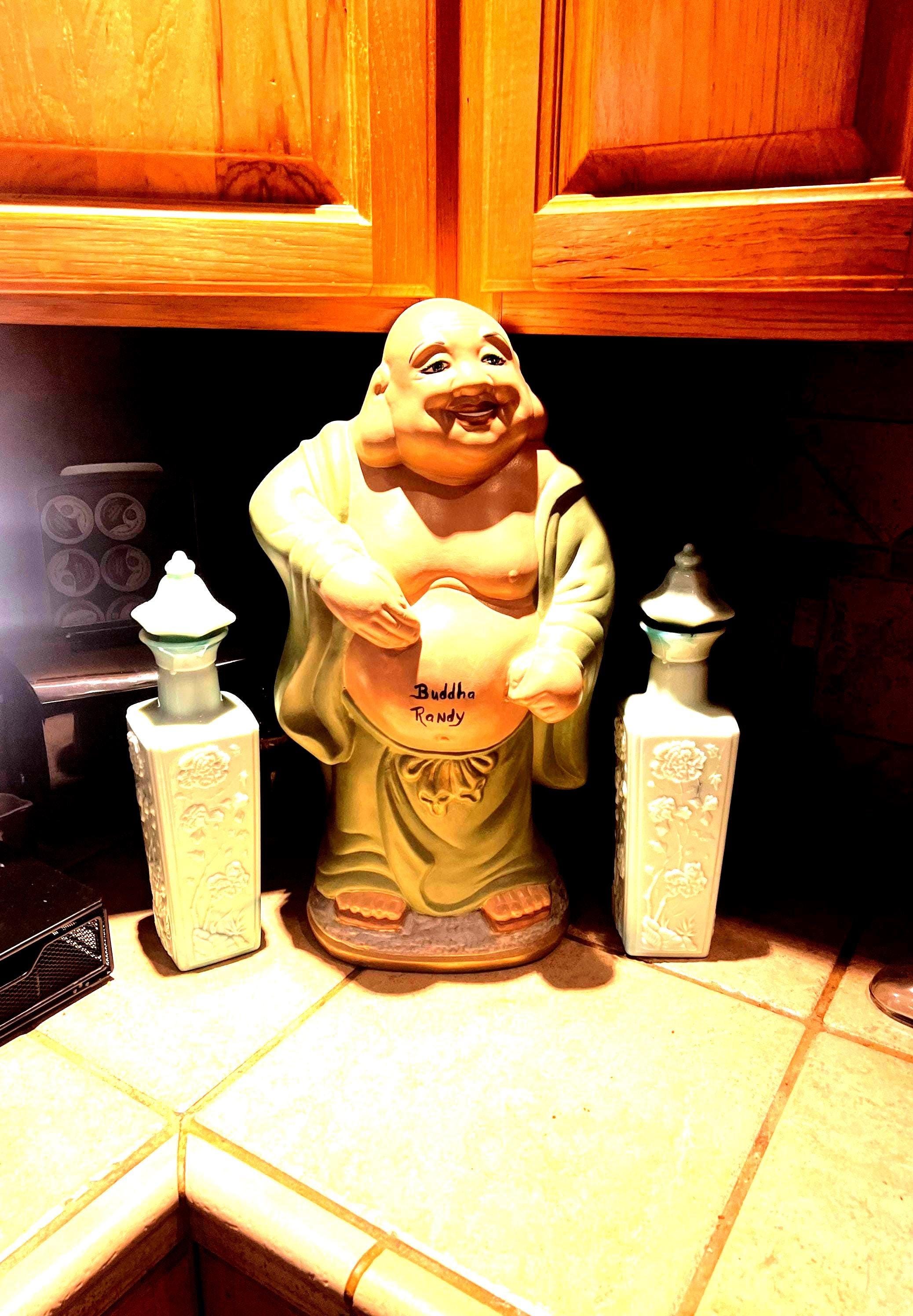 Jim Beam Buddha Randy Vintage 1972 Jade Green Blue Slag Milk Glass Decanter Empty Jadeite Aqua Jim Beam Kentucky Bourbon Decanter