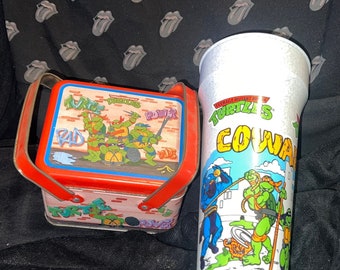 TMNT Vintage Mini Metal Lunch Box Tin and XL Cup Vintage 1990 Teenage Mutant Ninja Turtles tin w picnic basket style handles & Cowabunga Cup