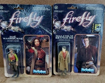 Fire Fly Funko Reaction Action Figures. Malcom Reynolds’s in Brown Coat SDCC Exclusive x 2, Jayne Cobb, Zoe Washburn. 3.75" fully posable.